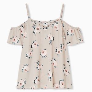 🆕TAUPE FLORAL GEORGETTE LACE-UP COLD SHOULDER TOP